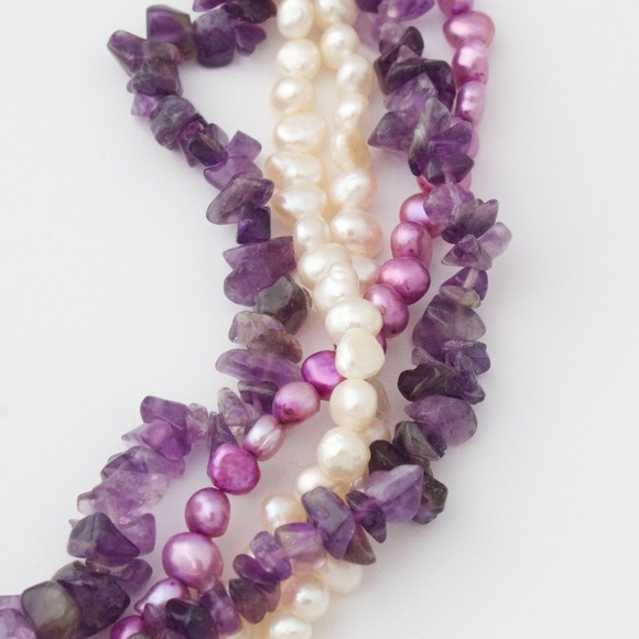 Vintage Genuine Pearl & Amethyst Multi-Strand Beaded Necklace Sterling Silver - Picture 3 of 6